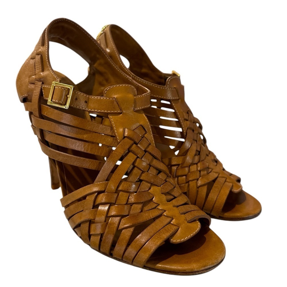 Tory Burch Nadia Huarache Tan Leather Heels Size 8 1/2 camel color